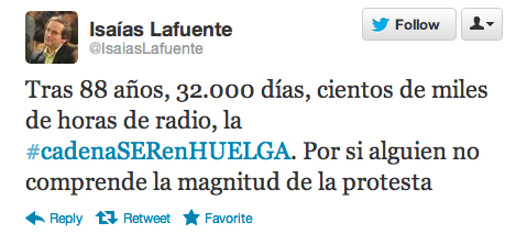 Tweet de Isaias Lafuente sobre la huelga en la SER