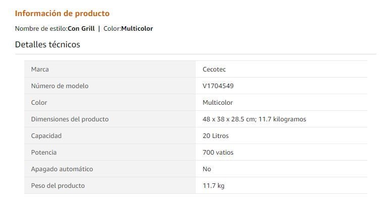 Ejemplo de detalles técnicos en Amazon