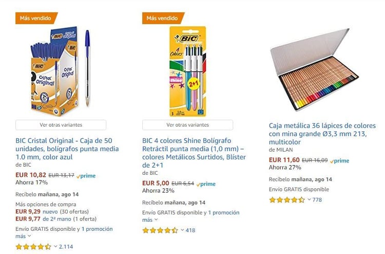 Ejemplo de promociones para la vuelta al cole en Amazon
